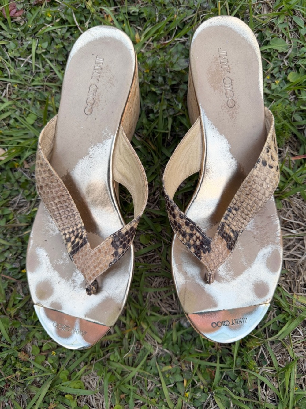 Jimmy Choo Gold Snake-Print Wedge Thong Sandals